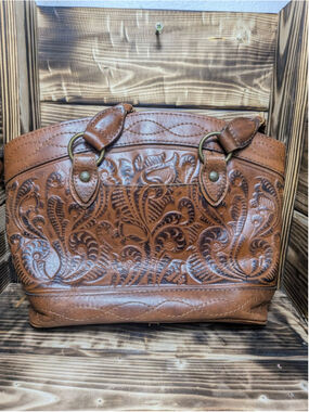 Patricia Nash Leather Satchel Bag Womens Medium Brown Floral Tassel Handbag
